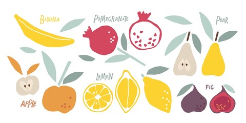 Fruit set. Childish scissors cutting collage effect. Colored hand drawn sketch isolated on white background. Silhouette vector. Farmer Market Logo. Organic food eco template for menu, jam, juice label