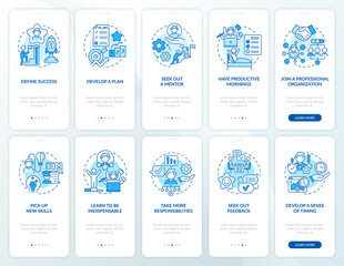 Career development blue onboarding mobile app page screen set. Job walkthrough 5 steps graphic instructions with concepts. UI, UX, GUI vector template with linear color illustrations collection