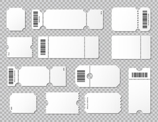 Set blank ticket template. Concert ticket, lottery coupons. Event, theater or lottery tickets isolated vector symbols mockup