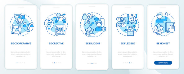 Traits for career advancement blue onboarding mobile app page screen. Success walkthrough 5 steps graphic instructions with concepts. UI, UX, GUI vector template with linear color illustrations