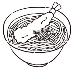 海老天とネギの入った温かい蕎麦