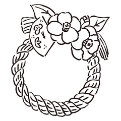 椿の花と扇子のついたしめ縄飾り