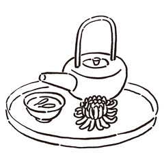 菊の入ったお酒と片口や酒器　重陽の節句