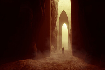 mysterious silhouette in surreal ancient cave with building ruins