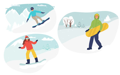 Set of snowboarders in different poses at ski resort. Vector illustration. man, woman flat cartoon