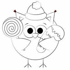 Cute cartoon Owl and candy cane. Draw illustration in black and white