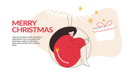 Merry Christmas and Happy New Year banner. Dreamy woman in big Christmas ball, landing page template. Female character inside tree decoration. Flat vector cartoon illustration for web, background