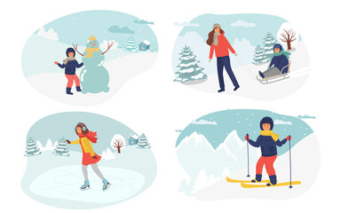set of people, children dressed in winter clothing ice skates, skiing. mother sledding the child. child makes snowman. cartoon ski . Winter mountain sports activity. Vector illustration flat.