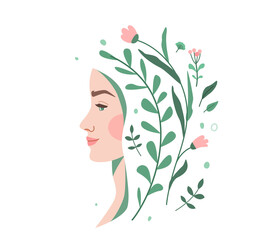 Obraz na płótnie Canvas Woman face with floral flower elements vector background. Ecology beauty, nature cosmetology concept design. Profile young girl with hair from plants. Isolated on white