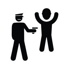 Arrest, police, hands up icon. Black vector graphics.