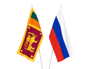 Naklejka premium National fabric flags of Russia and Democratic Socialist Republic of Sri Lanka isolated on white background. 3d rendering illustration.
