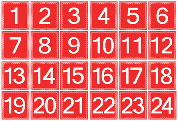 Design of the Christmas Advent calendar, illustration in the style of hand knitting. it is used for printing on fabric and paper.The concept of red bright