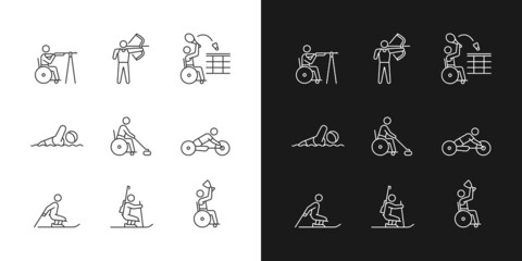 Athletes with disability linear icons set for dark and light mode. Adaptive sport games. People with disability. Customizable thin line symbols. Isolated vector outline illustrations. Editable stroke