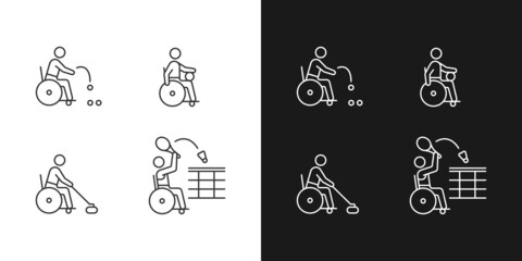 Wheelchair sport linear icons set for dark and light mode. Adaptive sport competitions. Athlete with disability. Customizable thin line symbols. Isolated vector outline illustrations. Editable stroke