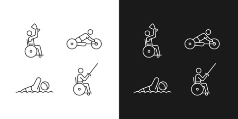 Adaptive contests linear icons set for dark and light mode. Sport disciplines. People with physical disability. Customizable thin line symbols. Isolated vector outline illustrations. Editable stroke