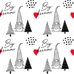 Seamless pattern with a cute hand drawn gnome and a Christmas tree. Scandinavian style vector background of doodle elements