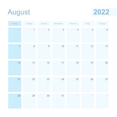 2022 August wall planner in blue color, week starts on Sunday.