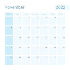 2022 November wall planner in blue color, week starts on Sunday.