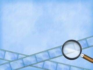虫眼鏡と、斜めにフィルムが飾られたレトロフレーム（青）