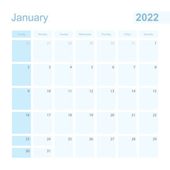 2022 January wall planner in blue color, week starts on Sunday.