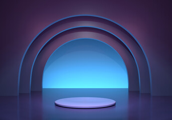 Surreal dark abstract very peri catwalk. The pedestal is in neon color with arches and bright glow. 3D Render