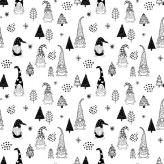 Seamless pattern with a cute hand drawn gnome and a Christmas tree. Scandinavian style vector background of doodle elements
