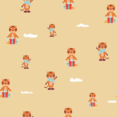 Tigers, hand drawn backdrop. Colorful seamless pattern with animals. Decorative cute wallpaper, good for printing. Overlapping background vector. Design illustration. 2022 Chinese symbol of New year