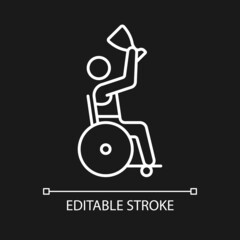 Competition winner with disability white linear icon for dark theme. Disabled sportsmen with cup. Thin line customizable illustration. Isolated vector contour symbol for night mode. Editable stroke