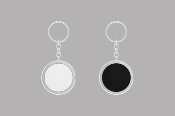 Realistic Metal and Plastic Keychains Set Round Designs. Circle Shape keychains mock up isolated on a grey background.3d rendering.