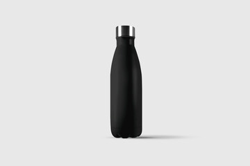 Empty blank metallic reusable water or coffee or tea bottle Mock up isolated on a grey background. Zero waste concept. 3d rendering.