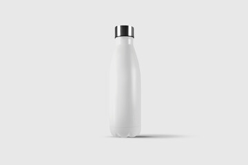 Empty blank metallic reusable water or coffee or tea bottle Mock up isolated on a grey background. Zero waste concept. 3d rendering.