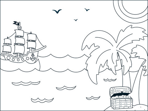 A pirate ship sails towards a desert island with a treasure chest. Children's coloring page with adventure concept. Vector hand drawn illustration