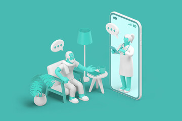 Doctor Consulting Patient Online by smartphone. Physician remotely meeting and diagnosing man sitting in armchair at home using mobile application. Medical Internet Consultation Concept 3D rendering.