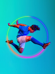 Creative artwork of prfessional male football player in motion over neon geometric element isolated...