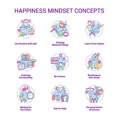 Happiness mindset concept icons set. Personal growth idea thin line color illustrations. Becoming happy. Self vision of success. Goal setting. Vector isolated outline drawings. Editable stroke