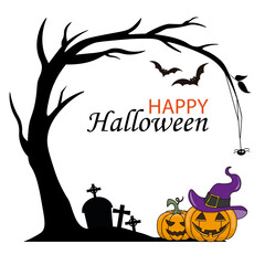 Halloween background. Tree, graveyard and pumpkins. Isolated vector