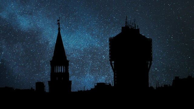 Torre Velasca and Skyline of Milan by Night, Time Lapse with Stars and Milky Way in Background, Italy