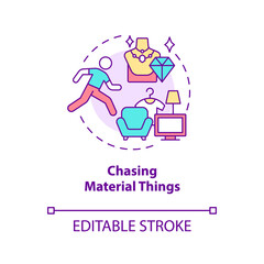 Chasing material things concept icon. Unhappiness abstract idea thin line illustration. Pursuit possessions. Happiness mindset obstacle. Vector isolated outline color drawing. Editable stroke