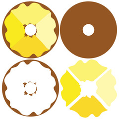 Simple SVG cartoon graphic of a brown round donut shape biscuit cookie with hole and yellow shades of quadrant sectioned icing frosting. Grouped and separated suitable for use with craft cutters