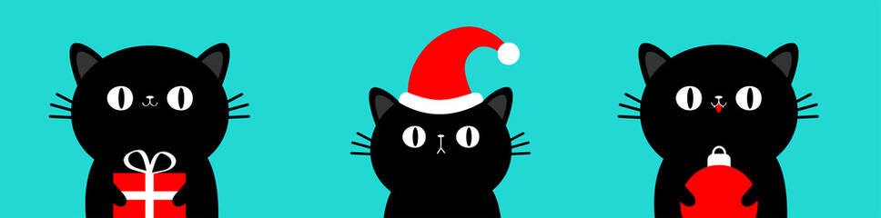 Merry Christmas. Cat Kitten kitty set holding red gift box, xmas ball. Cartoon kawaii character. Cute face icon. Red santa hat. Funny baby pet animal. Flat design. Blue background.
