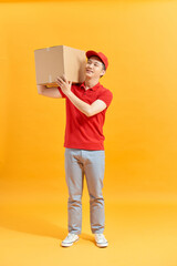 Portrait of a male delivery man holding a cargo box, background