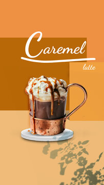 Iced Caramel Latte Coffee In A Tall Glass With Caramelsyrup And Whipped Cream.Carmel Latte