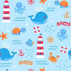 Cute sea life and nautical elements illustration seamless pattern background.