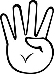 Vector illustration of a hand showing four fingers or counting to 4, drawn in black and white

