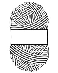 Oval skein of knitting thread with blank label - vector linear illustration for coloring. Ball of yarn with label with copy space for your logo or pictogram. Outline.