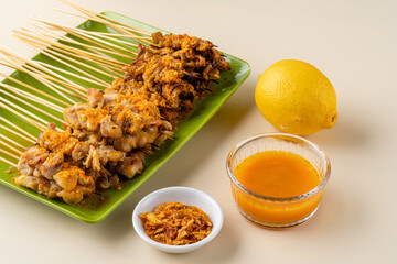 Sate taichan or Taichan satay with grilled chicken skin  is a variation of chicken satay grilled and served without peanut or ketchup served with chili sauce. Selective focus , blurry. 