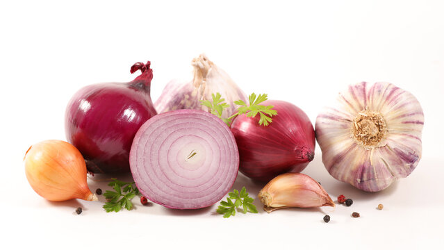 onion and garlic bulb on white background