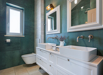 Modern bathroom with two vessel sinks - Powered by Adobe
