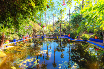 Beautiful blue pond and flowers outdoors in Morocco