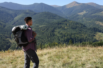 Tourist with backpack enjoying view in mountains on sunny day